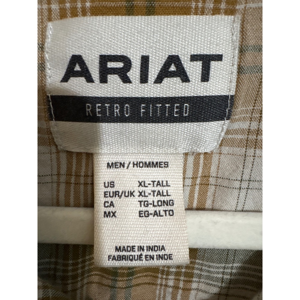 Ariat Retro Fitted Mens XL Tall Western Pearl Snap Plaid Shirt Brown Olive - Picture 4 of 10